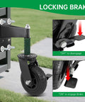 Two-Piece 6-Inch Heavy Duty Gate Wheels With Spring Loaded Caster Kit shown installed with brake engaged and disengaged.