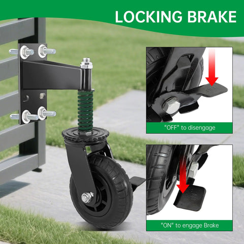 Two-Piece 6-Inch Heavy Duty Gate Wheels With Spring Loaded Caster Kit shown installed with brake engaged and disengaged.