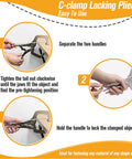 Steps showing how to use Heavy Duty 6 Inch C Clamp Locking Pliers Set Of 6 With Adjustable Swivel Pads For Woodworking and DIY projects.