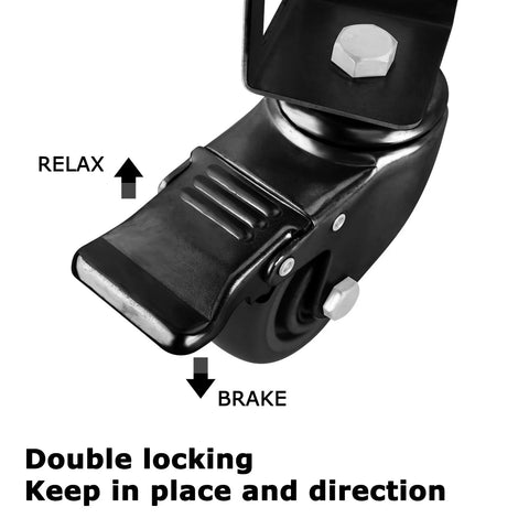 Close-up of black locking mechanism on caster wheel from 8 Piece Heavy Duty Locking Caster Wheels Set For Storage Racks 3 Inch Wheels With Brakes.