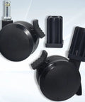 4 Pack Locking Caster With Insert Replacement Parts 70360 For Genesis Spirit E310 E320 S330 E210 Summit E400 E600 Gas Grills 2007 To 2019 Suitable For Spirit Summit E Series Style Models Includes Four Casters And Inserts visible close-up showing two black locking caster wheels and inserts.