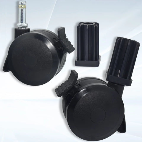 4 Pack Locking Caster With Insert Replacement Parts 70360 For Genesis Spirit E310 E320 S330 E210 Summit E400 E600 Gas Grills 2007 To 2019 Suitable For Spirit Summit E Series Style Models Includes Four Casters And Inserts visible close-up showing two black locking caster wheels and inserts.