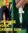 Locking Grease Gun Coupler clamps on zerk fitting, 10000 PSI rated, shown in use on heavy machinery with hand operating tool.