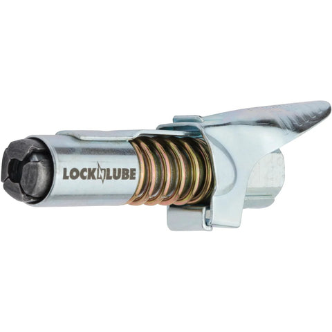 Locking Grease Gun Coupler That Clamps On And Stays Put, Prevents Leaks While You Grease Zerk Fittings, 10000 PSI Rated, side view