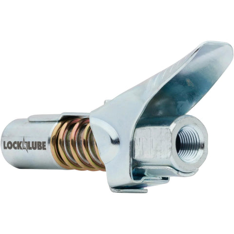 Locking Grease Gun Coupler That Clamps On And Stays Put, Prevents Leaks While You Grease Zerk Fittings, 10000 PSI Rated