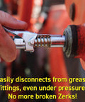 Locking Grease Gun Coupler That Clamps On And Stays Put, Prevents Leaks While You Grease Zerk Fittings, shown in use on machinery