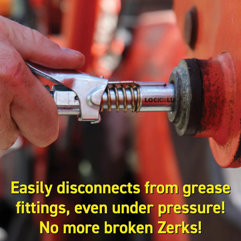 Locking Grease Gun Coupler That Clamps On And Stays Put, Prevents Leaks While You Grease Zerk Fittings, shown in use on machinery