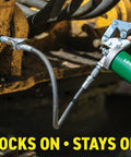 Locking Grease Gun Coupler clamped on machinery, preventing leaks while greasing zerk fittings, 10000 PSI rated, rebuildable with spare kit