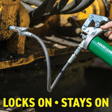 Locking Grease Gun Coupler clamped on machinery, preventing leaks while greasing zerk fittings, 10000 PSI rated, rebuildable with spare kit