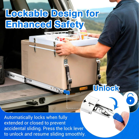 Man demonstrating Locking Heavy Duty Drawer Slides For Side Mount Full Extension Ball Bearing on a truck, showcasing lock mechanism.