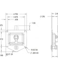 Technical diagram of a locking single point latch with gasket for truck tool boxes, trailer doors, RVs, corrosion-resistant stainless steel.