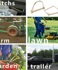 20 Piece Shaft Locking Pins Set One Quarter Inch Diameter Two And One Half Inch Length Square And Arch Safety Pins For Trailer Couplers Hitches Farm Lawn Garden Wagons And Towing Heavy Duty with various applications shown in images.