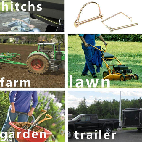 20 Piece Shaft Locking Pins Set One Quarter Inch Diameter Two And One Half Inch Length Square And Arch Safety Pins For Trailer Couplers Hitches Farm Lawn Garden Wagons And Towing Heavy Duty with various applications shown in images.