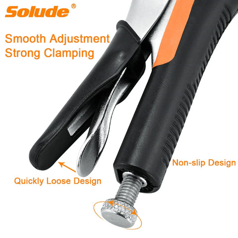 Close-up of Hardworking Four Piece C Clamp Locking Pliers Set With 6-Inch 9-Inch 11-Inch And 14-Inch Vise Grips, ergonomic handles.
