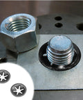 Close-up of Star Locking Tooth Washers Kit 50Pcs 5 Sizes M2 To M5 For Quick Fasteners set between nut and bolt on metallic surface.
