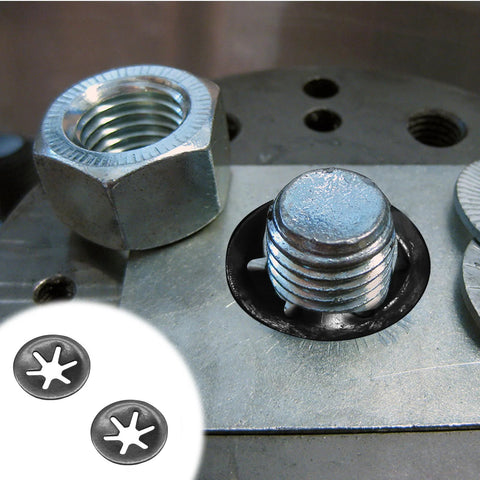 Close-up of Star Locking Tooth Washers Kit 50Pcs 5 Sizes M2 To M5 For Quick Fasteners set between nut and bolt on metallic surface.