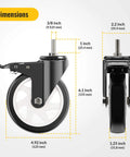 Dimensions of 5 Inch Total Locking Stem Caster Wheels Set of 4 Heavy Duty Swivel Castors with 3/8 Inch 16 x 1 Threaded Stem Steel Housing PVC Wheels Black