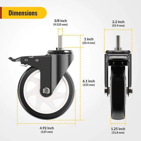 Dimensions of 5 Inch Total Locking Stem Caster Wheels Set of 4 Heavy Duty Swivel Castors with 3/8 Inch 16 x 1 Threaded Stem Steel Housing PVC Wheels Black