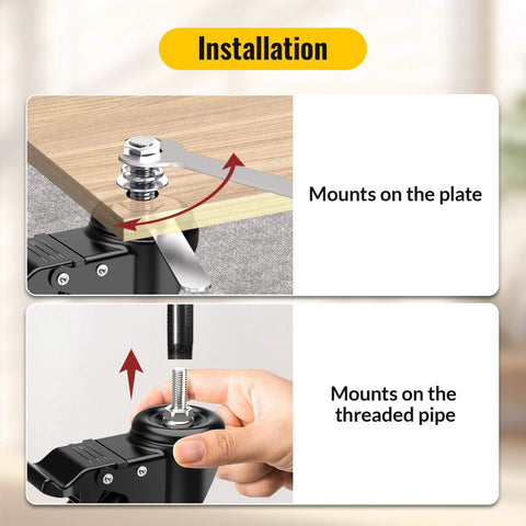 Installation diagram showing 4 Inch Total Locking Stem Caster Wheels Heavy Duty Swivel Castors mounting on plate and threaded pipe.