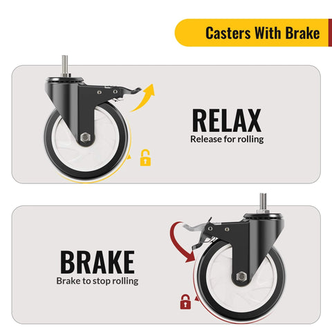 Diagram showing brake mechanism on 5 Inch Total Locking Stem Caster Wheels Set of 4 Heavy Duty Swivel Castors with brake and release functions.