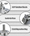 5 Inch Locking Swivel Casters With Brake, 1/2-13 X 1.5 Threaded Stem, Grey TPR Rubber Wheels, showing 360° rotation and brake locks.