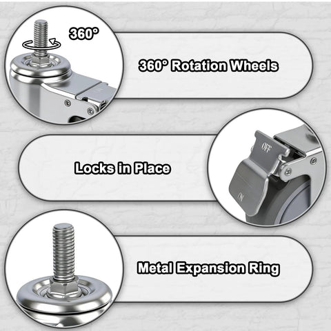 5 Inch Locking Swivel Casters With Brake, 1/2-13 X 1.5 Threaded Stem, Grey TPR Rubber Wheels, showing 360° rotation and brake locks.