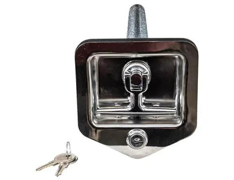 Locking T-Handle Latch In Polished Stainless Steel With Gasket And Blind Studs Flush Mount Includes Two Keys And Adjustable Cam