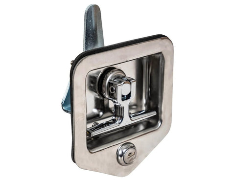 Side view of a Locking T-Handle Latch in polished stainless steel with gasket and blind studs flush mount for truck bed tool boxes, trailer doors, RVs, and campers.