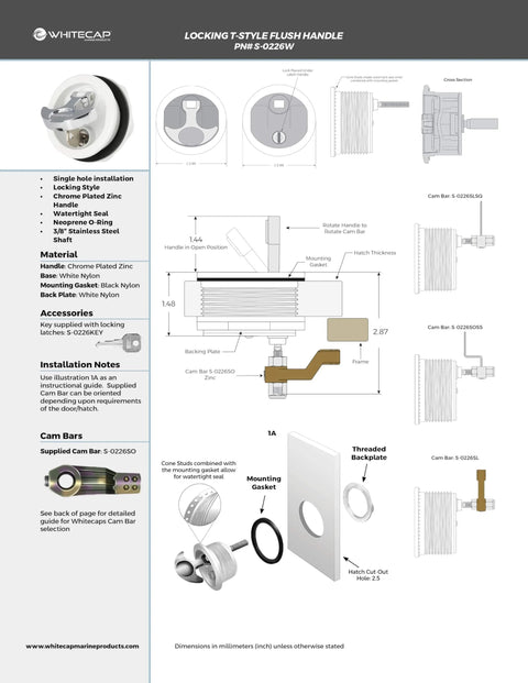 T Handle Latch With Keyed Lock For Marine And Freshwater Boats Use Three Inch Outside Diameter Two And A Half Inch Cut Out White Chrome Plated Finish Three Eighths Inch Metric Shaft product diagram