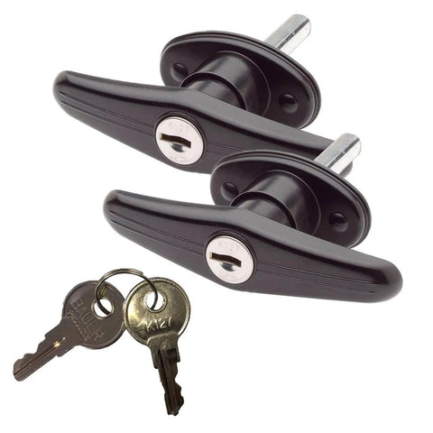 Locking T Handle Set With Interior Screw Mount One And A Half Inch Shank 90 Degree Clockwise And Counterclockwise Rotation Blind Mounting Three Eighths Inch Lugs Tapped Ten Twenty Four By Three Eighths Inch Includes Two T Handles Two Keys Dust Covers