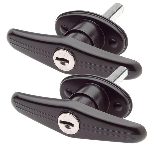 Locking T Handle Set With Interior Screw Mount One And A Half Inch Shank 90 Degree Clockwise And Counterclockwise Rotation Blind Mounting Three Eighths Inch Lugs Tapped Ten Twenty Four By Three Eighths Inch Includes Two T Handles Two Keys Dust Covers