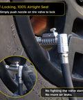 Installed Lightning L2X Quick Connect Locking Tire Inflator Air Chuck Extension with 90 Degree Open Flow Adapter on car tire