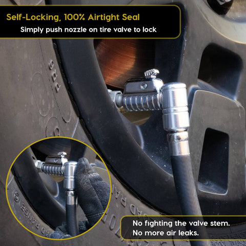 Installed Lightning L2X Quick Connect Locking Tire Inflator Air Chuck Extension with 90 Degree Open Flow Adapter on car tire