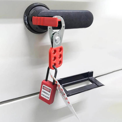 8 Pack Lockout Tagout Hasp With Extended Jaw attached to electrical panel with padlock for safety, stainless steel LOTO hasp