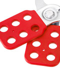 Close-up of red 8 Pack Lockout Tagout Hasp with extended jaw, tamperproof stainless steel LOTO hasp, fits up to 6 padlocks