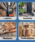 Four images showcasing logistics with a forklift, gardening supplies, a warehouse with shelves, and stacked goods in a storage facility.