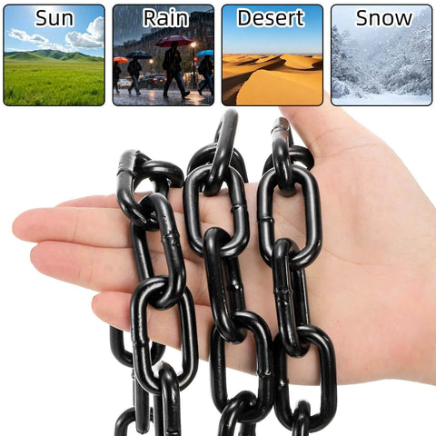 Hand holding Long Black Chain Link 1/4" x 19.7 Ft, Heavy Duty Metal Porch Swing Chain for Hanging, Carbon Steel Coil Chains.