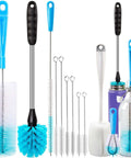 Long Handle Bottle Cleaning Brush Set For Narrow Neck Bottles And Decanters Tubes Spouts Lids with various brush sizes.