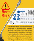 Long Carbide Burr Set For Die Grinder Five Pieces With Quarter Inch Shank and bent risk warning, displayed with size chart
