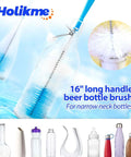 Long Handle Bottle Cleaning Brush Set For Narrow Neck Bottles And Decanters Tubes Spouts Lids, 16-inch blue brush in glass bottle