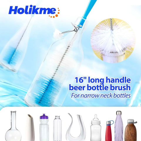 Long Handle Bottle Cleaning Brush Set For Narrow Neck Bottles And Decanters Tubes Spouts Lids, 16-inch blue brush in glass bottle