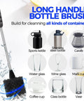 Six Pack Bottle Brush Set With 14 In Stainless Steel Handles next to various glassware and container illustrations.