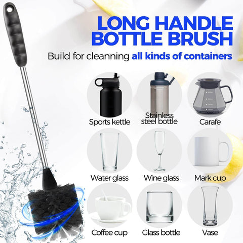 Six Pack Bottle Brush Set With 14 In Stainless Steel Handles next to various glassware and container illustrations.