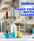 Long Handle Bottle Cleaning Brush Set For Narrow Neck Bottles And Decanters Tubes Spouts Lids shown with various brush sizes
