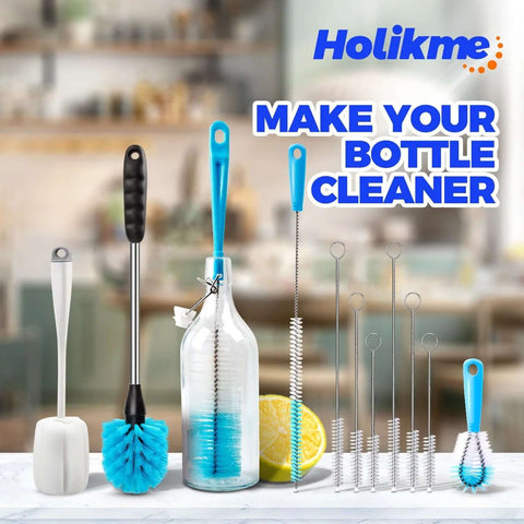 Long Handle Bottle Cleaning Brush Set For Narrow Neck Bottles And Decanters Tubes Spouts Lids shown with various brush sizes