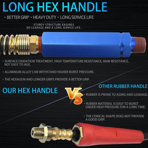 Comparison of blue hex handle and red rubber handle for air hose durability and grip