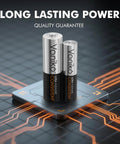 AA and AAA Battery Combo Pack 24 Count 1.5V Premium Alkaline Long Lasting Power, close-up on batteries with circuit graphic background