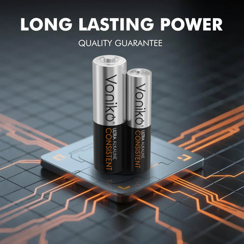 AA and AAA Battery Combo Pack 24 Count 1.5V Premium Alkaline Long Lasting Power, close-up on batteries with circuit graphic background