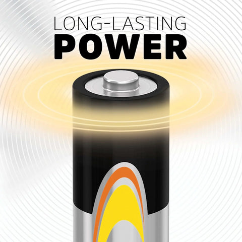 Close-up of an alkaline AAA battery with long-lasting power text, part of the Alkaline AAA Batteries 20 Pack Long Lasting Power For Everyday Devices.