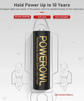 Illustration of Powerowl 1.5V alkaline battery with rocket, highlighting 10-year shelf life, anti-leak, and anti-corrosion features.